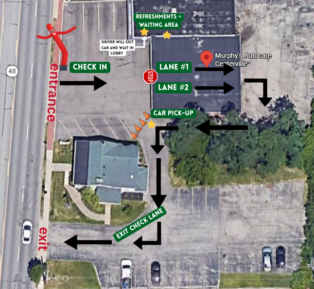 Aerial traffic flow diagram for the Courtesy Car Care Event at Murphy's Autocare Centerville, showing the entrance off SR-48, check-in lane, two inspection lanes, refreshments and waiting area, car pick-up zone, and exit check lane.