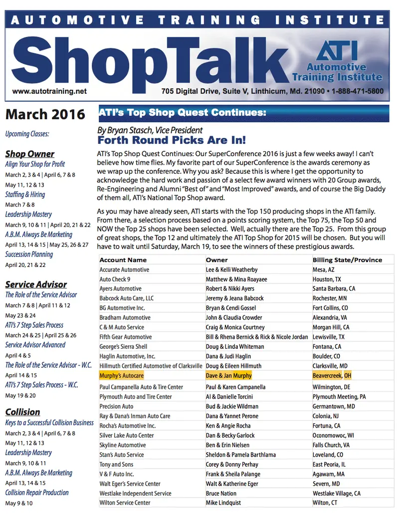 Murphy’s Autocare Award ATI Top Shop for 2016 featured image